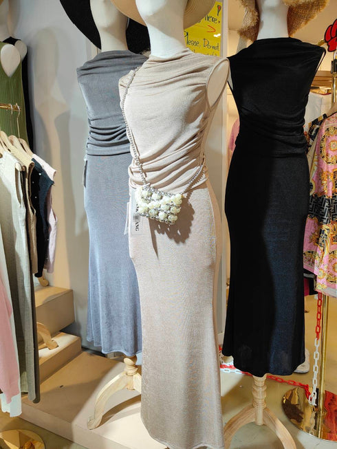 Women Stylist Cowl Neck Runched Sleeveless Top With Mermaid Long Skirts
